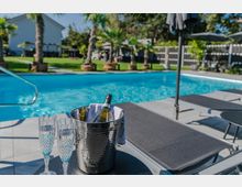 Ein Außenpool mit Liegestühlen und Sonnenschirmen im Vordergrund, daneben ein Tisch mit einem Sektkühler und Gläsern. Im Hintergrund sind Palmen, ein gepflegter Rasen und ein Gebäude zu sehen.