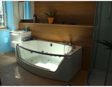 Modernes Badezimmer mit einer großen Whirlpool-Badewanne mit Glasfront, einer Holzvertäfelung an der Wand, einem Waschbecken mit Spiegel und einer blauen Wandfarbe. Rechts befindet sich eine abgerundete Duschkabine mit Glas.