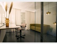 Helles, modernes Innenraumstudio mit halbtransparenter Glaswand, weißem Vorhang als Raumteiler und dunkelgrauem Boden. Links stehen ein Tisch mit Vase und ein verstellbarer Stuhl, rechts ein grünes Sofa mit hängenden Lampen und einer kleinen Pflanze.