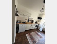 Schmale Küchenzeile in einem hellen Raum mit weißen Fronten, Holzarbeitsplatte und Fliesenspiegel; ausgestattet mit Spüle, Geschirrspüler, Herd/Backofen sowie Kaffeemaschine und Kleingeräten. Dunkler Holzboden mit gemustertem Teppich, Hängelampe und Fenster mit transparenten Vorhängen am rechten Rand.