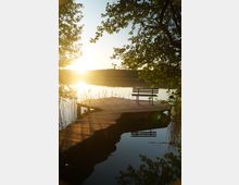 Ein Holzsteg mit einer Bank ragt in einen stillen See, umgeben von Schilf und Bäumen. Die tief stehende Sonne beleuchtet die Szene und spiegelt sich im Wasser.