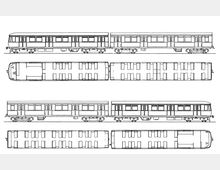 Technische Zeichnung eines Schienenfahrzeugs, bestehend aus mehreren Waggons. Die Darstellung zeigt eine Seitenansicht und eine Draufsicht mit Details zu Fenstern, Türen, Rädern und der Innenraumaufteilung.