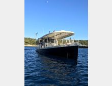 Ein modernes Boot mit weißem Dach und offener Reling liegt auf ruhigem, blauen Wasser vor einer bewaldeten Küste unter einem klaren Himmel mit sichtbarem Mond.