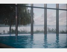 Innenansicht eines Gebäudes mit bodentiefen Glasfenstern, die den Blick auf einen See, umliegendes Schilf und einen Baum ermöglichen. Im Vordergrund befindet sich ein Innenpool mit ruhiger Wasseroberfläche.