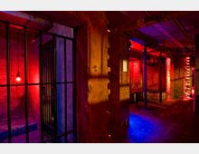 Ein Kellerraum mit sichtbaren Backsteinwänden und Betonstützen, beleuchtet in roten und blauen Farbtönen. Links befindet sich ein Bereich mit Metallgittern und einer einzelnen Hängelampe, während rechts weitere offene Flächen zu sehen sind.