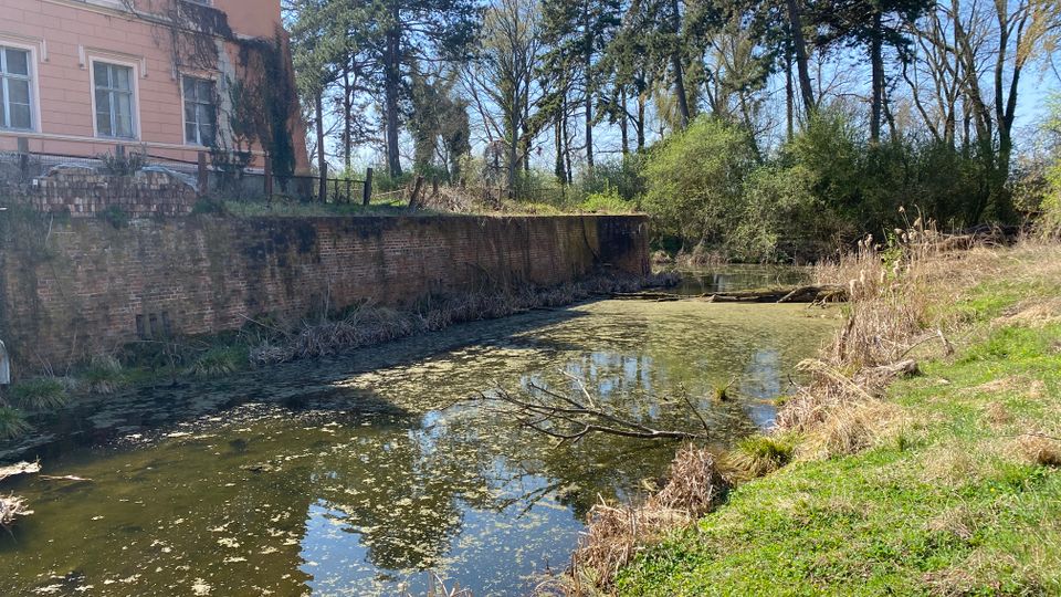 Schmaler, ruhiger Wassergraben mit grünlichem Wasser und Uferbewuchs, daneben eine gemauerte Backsteinmauer. Links steht ein rosafarbenes Gebäude mit hohen Fenstern, im Hintergrund ein Park mit hohen Bäumen und Sträuchern.