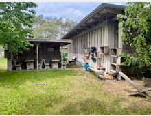 Holzunterstand und angrenzendes Lagergebäude mit rustikalen, hölzernen Sitzbänken unter einem Dach sowie an der Wand befestigten Holzkisten als Regale; Umgebung aus Grasfläche, Bäumen und locker bewaldetem Hintergrund.