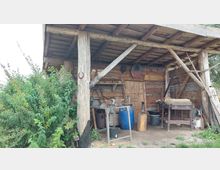 Holzverschlag mit rustikaler Konstruktion aus dicken Holzstämmen, einem Holzdach und einer Holztür im Hintergrund. Im Inneren befinden sich Werkzeuge, eine Werkbank, ein Schraubstock und ein blauer Plastikbehälter, während seitlich Sträucher wachsen.