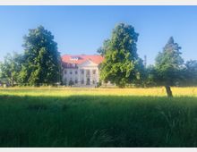 Herrenhaus mit weißer Fassade, rotem Walmdach und Säuleneingang, umgeben von großen Bäumen und einer grünen Rasenfläche im Vordergrund, bei klarem Himmel.