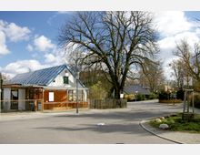 Kleines, weißes Gebäude mit blauem Blechdach und Holzveranda an einer Straßenecke, flankiert von einem großen, unbelaubten Baum. Im Hintergrund sind weitere Wohnhäuser und ein Schild einer verkehrsberuhigten Zone sichtbar.