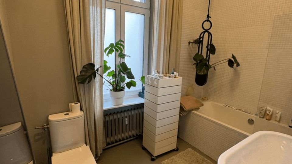 Bright bathroom with a large frosted window framed by beige curtains, a wall-mounted toilet, and a freestanding white sink. A built-in bathtub with light tile surround sits along the right wall, with a hanging plant and a slim wheeled storage cabinet beside a radiator under the window.