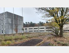Eine verlassene Außenanlage mit einem mehrstöckigen grauen Gebäude und niedrigeren weißen Gebäuden im Hintergrund. Vor den Gebäuden befinden sich überwucherte Wege, trockene Vegetation und ein Baum mit gelbem Herbstlaub, im Hintergrund sind Waldstücke sichtbar.