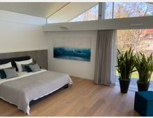 Modernes Schlafzimmer mit hellem Holzboden, großem Bett mit grauer Tagesdecke und mehreren Kissen. Ein großes Fenster mit halbtransparentem Vorhang bietet Blick auf Bäume, während zwei Topfpflanzen und ein abstraktes Wandbild den Raum dekorieren.