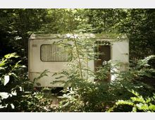 Ein alter weißer Wohnwagen steht in einem dicht bewachsenen Wald, umgeben von grünen Sträuchern und Bäumen. Eine offene Tür gibt einen Blick ins Innere frei, während die Umgebung von natürlichem Licht durchflutet ist.