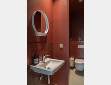 Kompaktes Badezimmer mit rötlich gefliesten Wänden, einem kleinen rechteckigen Waschbecken mit modernem Wasserhahn, einem runden Spiegel und einer Toilette im Hintergrund. Die Beleuchtung ist dezent und es stehen Seifenspender auf dem Waschbecken.