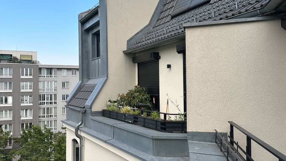 Blick von einem Balkon auf das Dachgeschoss eines hell verputzten Wohnhauses mit steilem Ziegeldach, Dachfenstern und Regenrinne sowie einer kleinen bepflanzten Dachterrasse mit schwarzem Geländer. Im Hintergrund sind ein mehrstöckiges Wohngebäude, Baumwipfel und ein blauer Himmel zu sehen.
