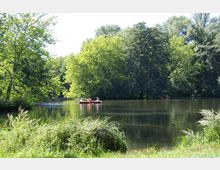 Ein ruhiger See umgeben von dichtem Grün und Bäumen, mit einem roten Tretboot, in dem drei Personen sitzen. Im Vordergrund ist hohes Gras sichtbar, während die Bäume den Hintergrund dominieren.
