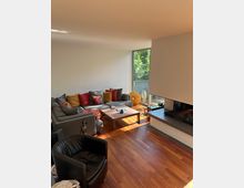 Helles, modernes Wohnzimmer mit großem grauen Ecksofa und bunten Kissen um einen niedrigen Couchtisch auf Holzfußboden. Rechts befindet sich ein moderner Einbaukamin mit Glasfront, daneben ein bodentiefes Fenster mit Blick ins Grüne.
