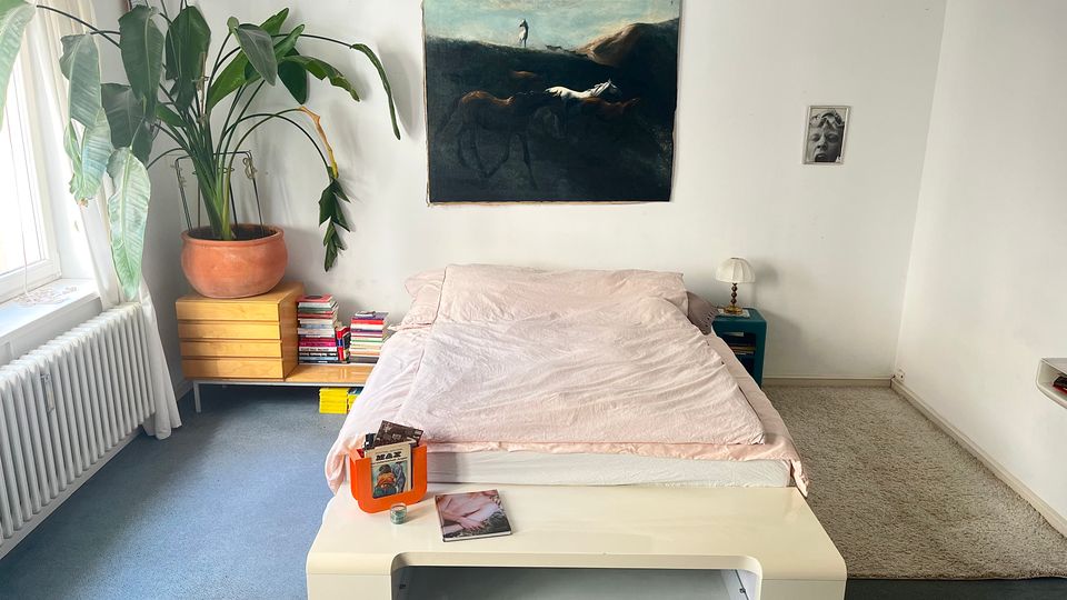 Minimalist bedroom with a low bed dressed in pale pink bedding and a white bench at the foot, set against white walls with large artwork above the headboard. A large potted plant sits on a wooden cabinet by a window with sheer curtains and a radiator, with small side tables and stacked books nearby on a blue carpet and light rug.