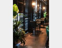Ein schickes Restaurant oder Barbereich mit dunklen Holzwänden und horizontalen Jalousien, die gedämpftes Licht hereinlassen. Hohe Tische mit gepolsterten Stühlen stehen nebeneinander, und üppige grüne Pflanzen schmücken den Raum.
