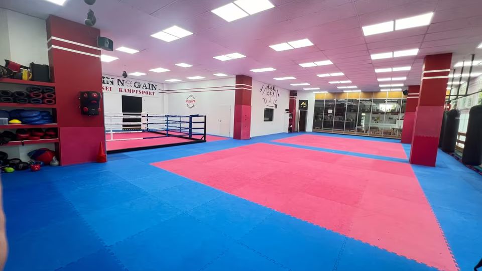 Trainingsraum für Kampfsport mit rot-blauen Mattenböden, einem Boxring im Hintergrund und großen Fenstern auf der rechten Seite. An den Wänden befinden sich Regale mit Trainingsausrüstung und verschiedene Boxsäcke.