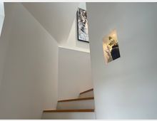 Weiße Treppe mit Holzstufen in einem modernen, minimalistisch gestalteten Innenraum. An der rechten Wand befindet sich eine eingelassene Nische mit einer beleuchteten Pflanze in einem dunklen Keramiktopf, und oben an der Wand hängt ein abstraktes Kunstwerk.