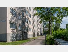 Mehrstöckiges Wohngebäude aus der Nachkriegszeit mit weißer Fassade und mehreren Fenstern, entlang eines Gehwegs mit gepflegtem Rasen. Rechts im Vordergrund stehen Mülltonnen und ein verwittertes Verkehrsschild, umgeben von Bäumen und Sträuchern.