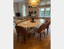 Esszimmer mit ovalem Marmortisch, umgeben von rosafarbenen Polsterstühlen auf einem Parkettboden. Im Hintergrund sind große Fenster mit Blick auf einen Garten, eine Sideboard-Kommode mit Deko, ein Kunstwerk an der Wand und eine kugelförmige Hängelampe sichtbar.