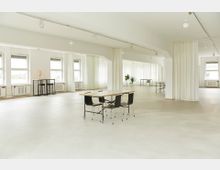 Heller, minimalistischer Innenraum mit großen Fenstern, weißen Wänden und Vorhängen. Im Vordergrund befindet sich ein Tisch mit vier schwarzen Stühlen, im Hintergrund sind Pflanzen und weitere Tische zu sehen.