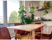 Helle Wohnküche mit modernem Esstisch aus Holz und transparenten Kunststoffstühlen, umgeben von mehreren großen Zimmerpflanzen. Im Hintergrund eine offene Küchenzeile mit weißen Schränken und Hängelampen, sowie ein großer Balkon mit Ausblick auf grüne Bäume.