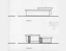 Architectural elevation drawing showing the east and west views of a low, modern flat-roof building with stepped rooflines. The west elevation includes a door and a long row of rectangular window panels under a projecting roof overhang.