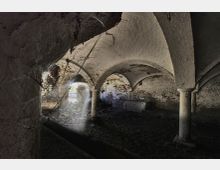 Ein dunkler, verlassener Gewölbekeller mit mehreren steinernen Säulen und Rundbögen, deren Oberfläche bröckelt. Tageslicht fällt durch eine offene Tür am Ende des Raumes, die auf eine überwucherte Außenfläche führt.