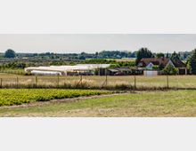 Ein ländliches Anwesen mit Gewächshäusern, einem Wohnhaus mit rotem Ziegeldach und Nebengebäuden, umgeben von Feldern, Wiesen und einem Zaun. Im Hintergrund sind weitere Felder, Bäume und vereinzelte Gebäude sichtbar.