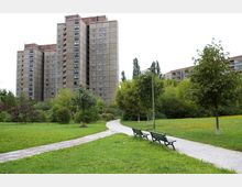 Rasenfläche mit Bäumen und Sträuchern, durchzogen von einem gepflasterten Gehweg, der an zwei Parkbänken vorbeiführt. Im Hintergrund stehen mehrere hohe Wohngebäude aus Beton, umgeben von weiterem Grün.