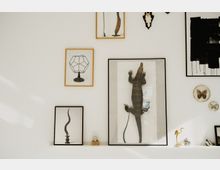 Eine helle Wand mit mehreren gerahmten Kunstwerken und dekorativen Objekten. Zu sehen sind Zeichnungen, ein präpariertes Krokodil, Schmetterlinge in runden Rahmen sowie kleine Skulpturen, darunter ein goldener Reiher und ein Vogel.