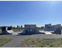 Eine Skateboard-Halfpipe aus Holz und Beton mit Graffitis darauf steht auf einer offenen Fläche mit vereinzeltem Grasbewuchs. Im Hintergrund sind Bäume und ein klarer blauer Himmel zu sehen.