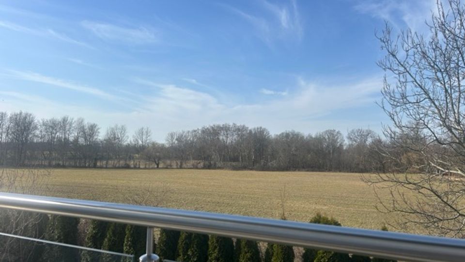 Blick von einem Balkon mit Glasgeländer über eine große, flache Wiese bis zu einer Baumreihe am Horizont. Im Vordergrund stehen dichte Hecken, darüber ein weiter blauer Himmel mit dünnen Wolken.