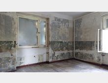 Ein leerer, renovierungsbedürftiger Raum mit abblätternder Tapete und verputzten Wänden. Zwei Fenster, eines geschlossen und eines geöffnet, lassen diffuses Tageslicht herein.