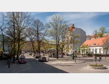 Straßenszene mit einem kleinen Platz, umgeben von Bäumen mit frischem Frühjahrslaub. Im Hintergrund stehen Häuser mit roten Ziegeldächern und helle Fassaden, während Autos entlang der gepflasterten Straße geparkt sind.