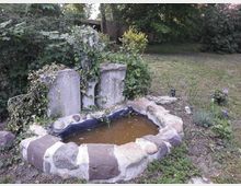 Ein kleiner, mit Steinen eingefasster Teich in einem Garten, umgeben von dichter Vegetation und bewachsenen Steinplatten im Hintergrund. Die Umgebung besteht aus Wiese und Büschen.