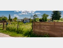 Kleingartenanlage mit umzäunten Parzellen, vereinzelten Bäumen und einer kleinen Gartenhütte im Hintergrund. Der Bereich ist von grünem Rasen und Bewuchs geprägt, mit einem Zaun und einem Metalltor im Vordergrund unter einem leicht bewölkten Himmel.