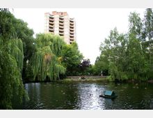 Ein städtischer Park mit einem Teich, umgeben von dichtem Grün, einschließlich hängender Weidenbäume. Im Hintergrund ist ein mehrstöckiges Wohngebäude sichtbar; auf dem Teich schwimmen Enten und ein kleines Entenhaus schwimmt auf der Wasseroberfläche.