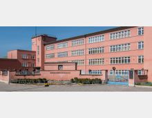 Außenansicht der Friedrich-Ebert-Grundschule, einem rosafarbenen, mehrstöckigen Gebäude mit rechteckigen Fensterreihen und einem Turm im Bauhaus-Stil. Vor dem Gebäude befinden sich ein Blumenbeet, ein gepflasterter Vorplatz und ein blaues Tor.