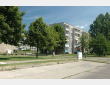 Wohngebiet mit Plattenbau und Grünanlagen, umgeben von Bäumen und Gehwegen; im Vordergrund eine gepflasterte Straße und eine Person, die den Weg entlanggeht.