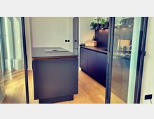 Moderne Küche mit dunklen Schränken und mattschwarzer Arbeitsplatte, zentralem Inselkochfeld, hellem Holzboden und Glas-Schiebetüren. Regale mit Pflanzen und Küchenutensilien sowie eine eingebaute Spüle sind sichtbar.