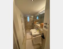 Kleines, modernes Badezimmer mit beigefarbenen Fliesen, einem Wandwaschbecken, einer Toilette und einer bodengleichen Dusche mit Glasabtrennung. Ein wandmontierter Heizkörper befindet sich links, und ein großer Spiegel sowie einige Pflegeprodukte sind auf der rechten Seite sichtbar.