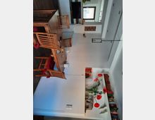 Essbereich in einem modern eingerichteten Wohnzimmer mit Holztisch und Stühlen. Im Hintergrund befinden sich ein Wandregal mit bunten Büchern, ein Fernseher, eine Vase mit roten künstlichen Blumen und eine Hintertür mit Blick nach draußen.