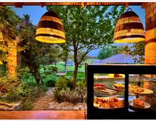 Gemütlicher Außenbereich eines Cafés mit Blick auf einen Garten mit Bäumen und Grünflächen, beleuchtet von großen geflochtenen Lampen. Im Vordergrund steht eine Theke mit einem Kuchenschrank, in dem verschiedene Torten und Gebäckstücke präsentiert werden.