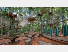 Hochseilgarten im Wald mit Plattformen, Hängebrücken, Seilen und Netzen, die zwischen Bäumen gespannt sind. Der Boden ist mit Holzschnitzeln bedeckt, und Personen tragen Sicherheitsausrüstung, während sie die Parcours absolvieren.