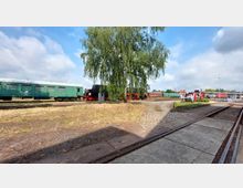 Bahnhofsbereich mit historischen Eisenbahnwagen und einer Dampflok auf einem Gleis, umgeben von gepflasterten Wegen. Im Vordergrund eine große Birke, im Hintergrund weitere Gleise, Gebäude und Bahnanlagen.